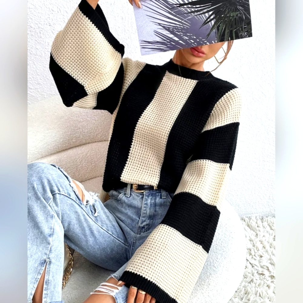 Bell Sleeve Chunky Striped Casual Crew Neck Knit Sweater - Picture 3 of 5